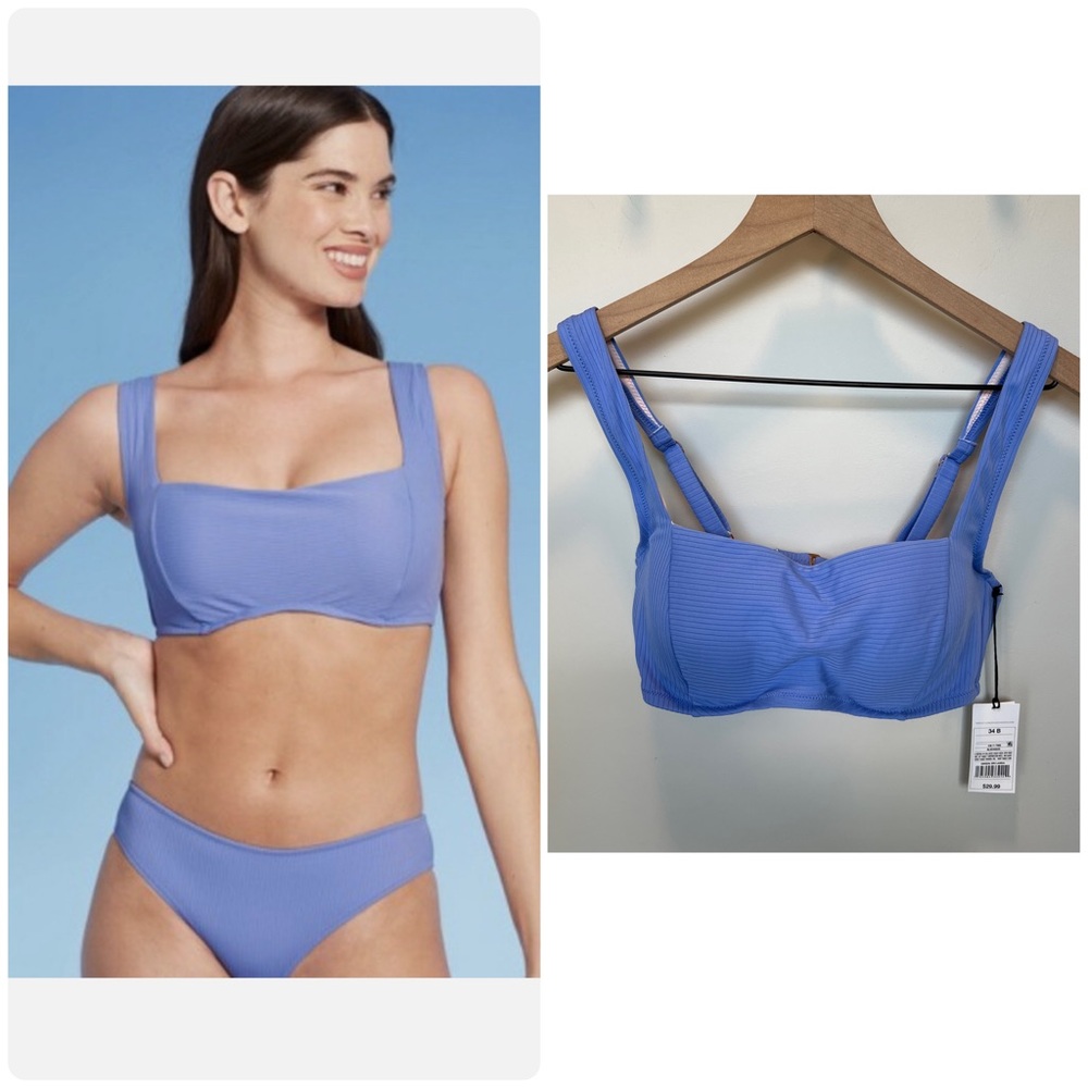 NWT Shade & Shore Women's Light Lift Blue Square Neck Ribbed Bikini Top - 34B
